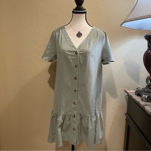 CUPSHE Mini Dress Button Short Sleeve Ruffled A Line Casual Short Summer Dress - Picture 2 of 6